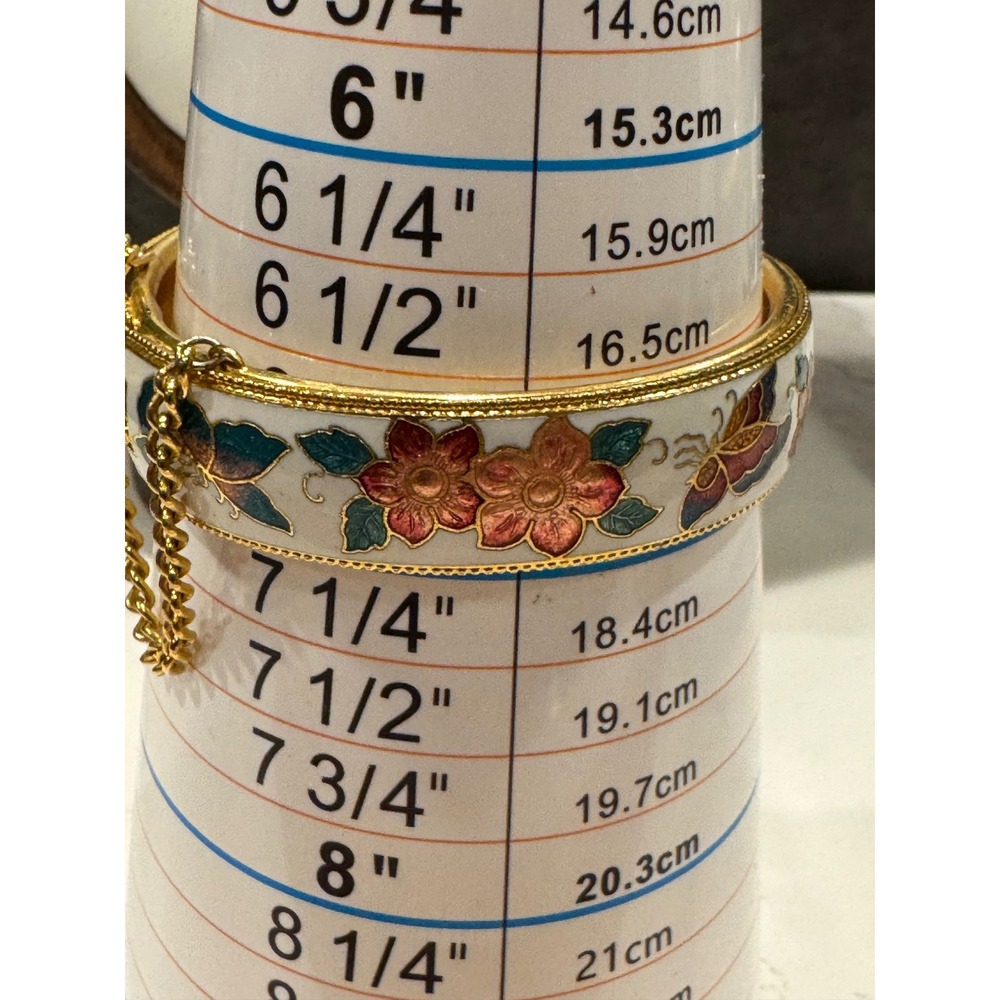 Vintage Cloisonne Enamel Butterfly Floral Bangle Bracelet Gold Tone 7 Inch